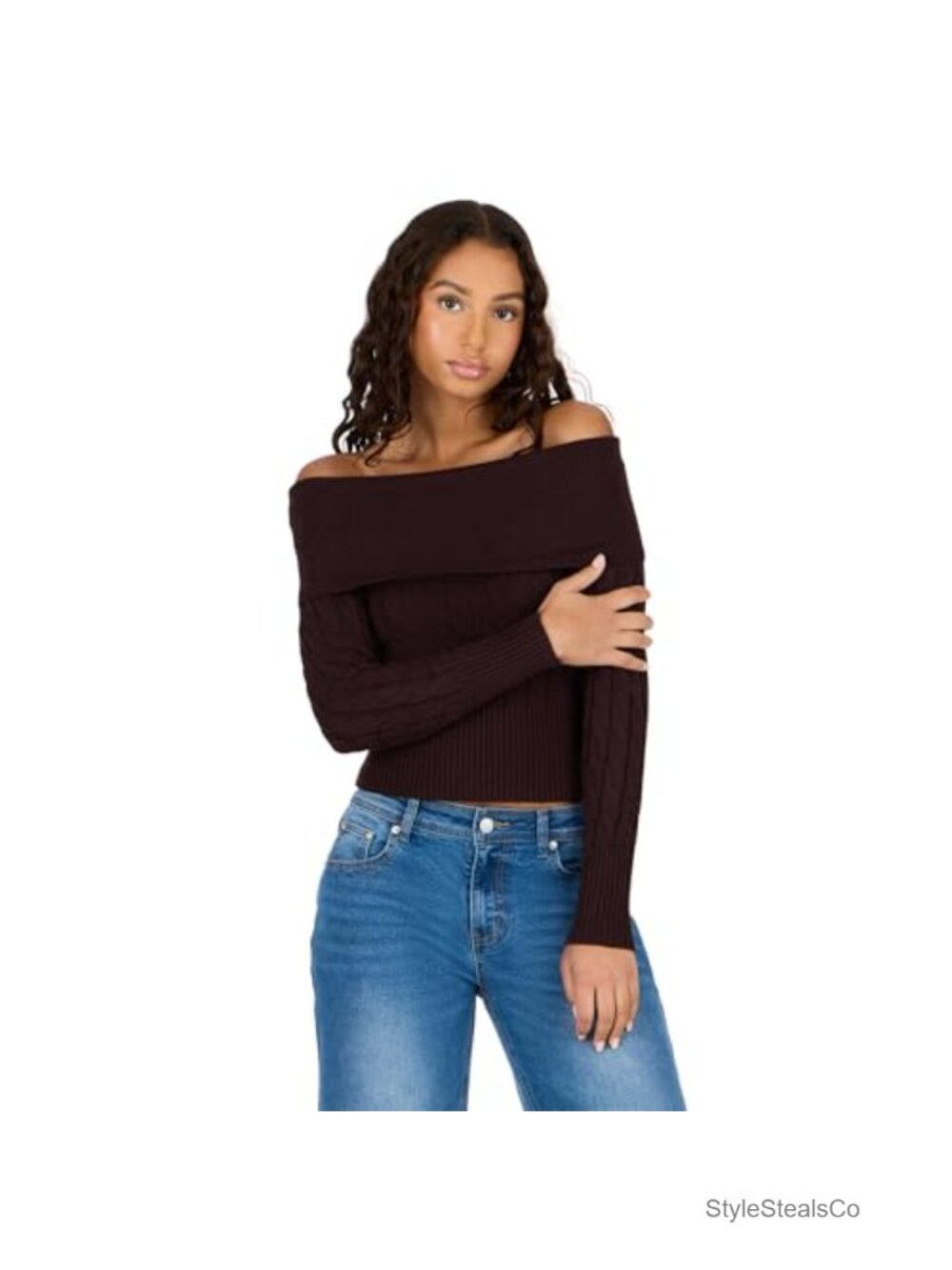 Fold Over Off Shoulder Cable Knit Sweater Pullover